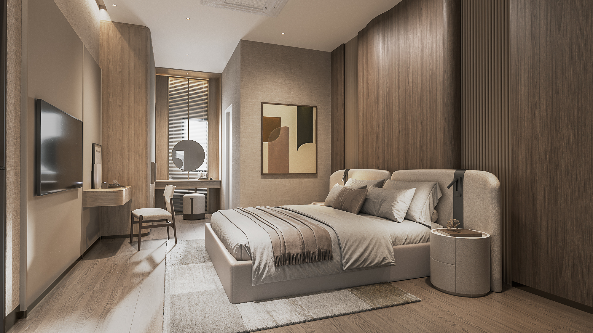 Setthasiri Donmuang children’s bedroom — fluted walnut headboard wall, study desk in the window with round mirror, upholstered bed with cylindrical bedside, interior design by Gratitude Design