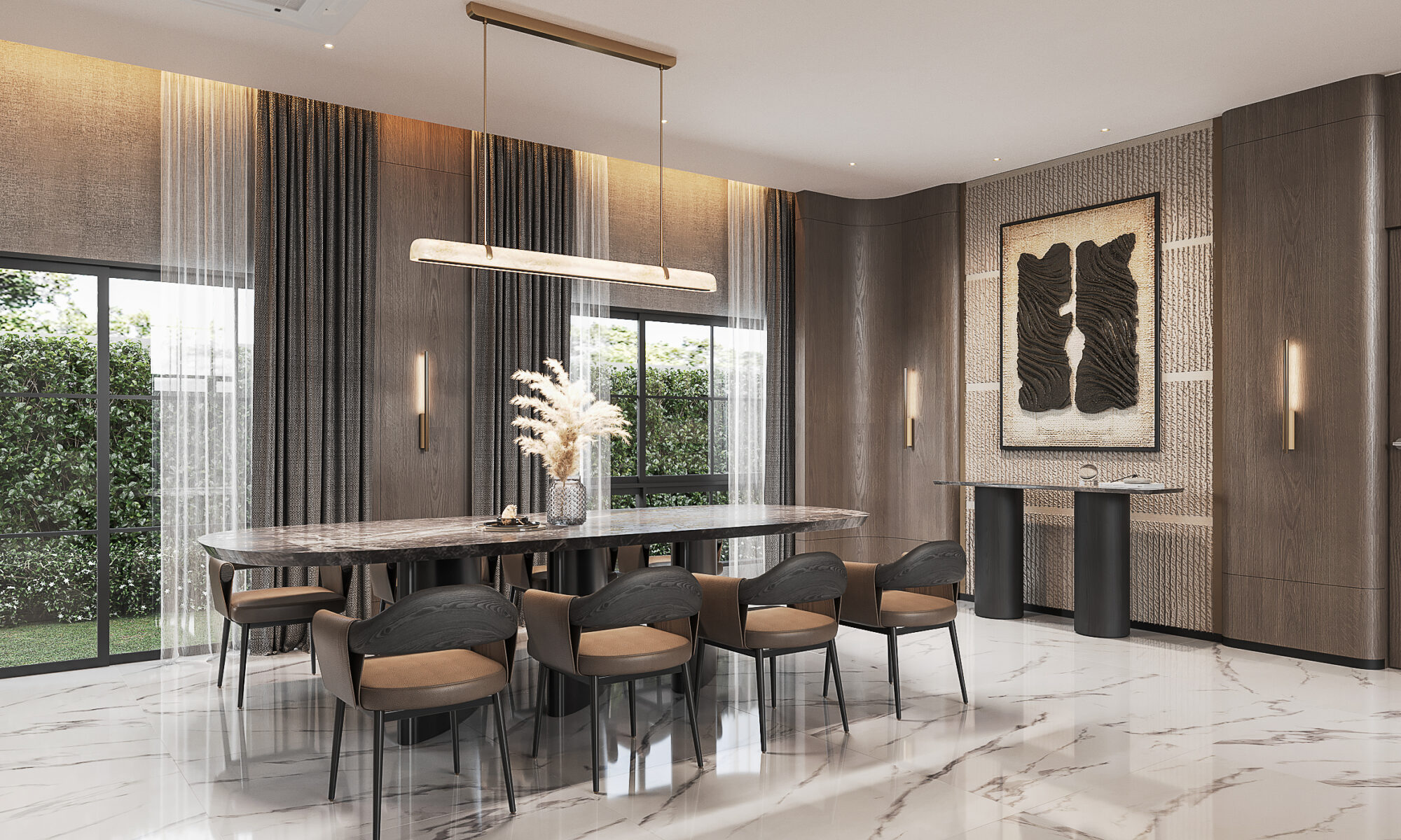 Setthasiri Donmuang dining room — oval stone table with dark timber chairs under a linear alabaster pendant, ribbed textile feature wall with sculptural relief art, interior design by Gratitude Design