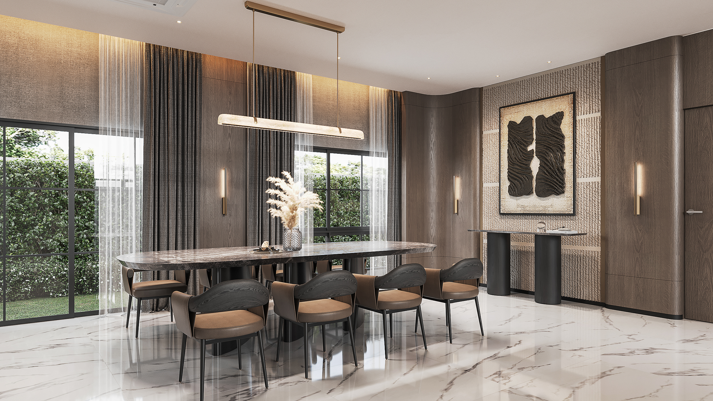 Setthasiri Donmuang dining room — oval stone table with dark timber chairs under a linear alabaster pendant, ribbed textile feature wall with sculptural relief art, interior design by Gratitude Design