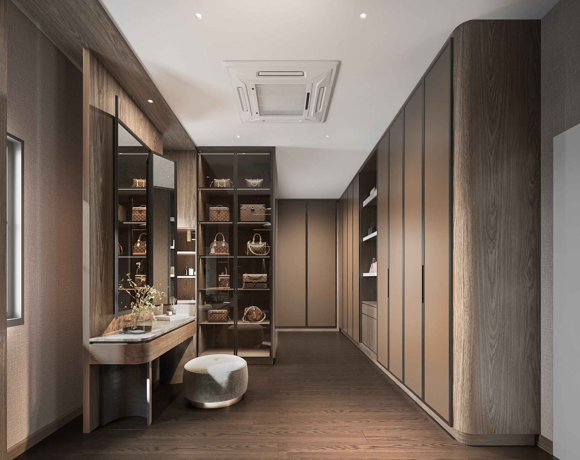 Setthasiri Donmuang dressing corridor — glazed display cabinet for handbags, vanity with marble top and rounded oak wall ends, interior design by Gratitude Design