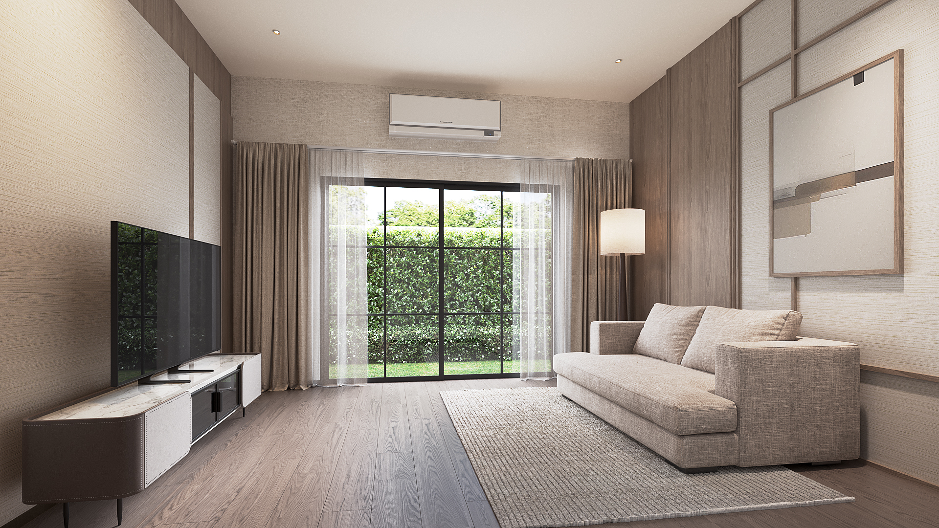 Setthasiri Donmuang upstairs family lounge — linen sofa, beige panelled walls with oak trims and sliding garden door, interior design by Gratitude Design
