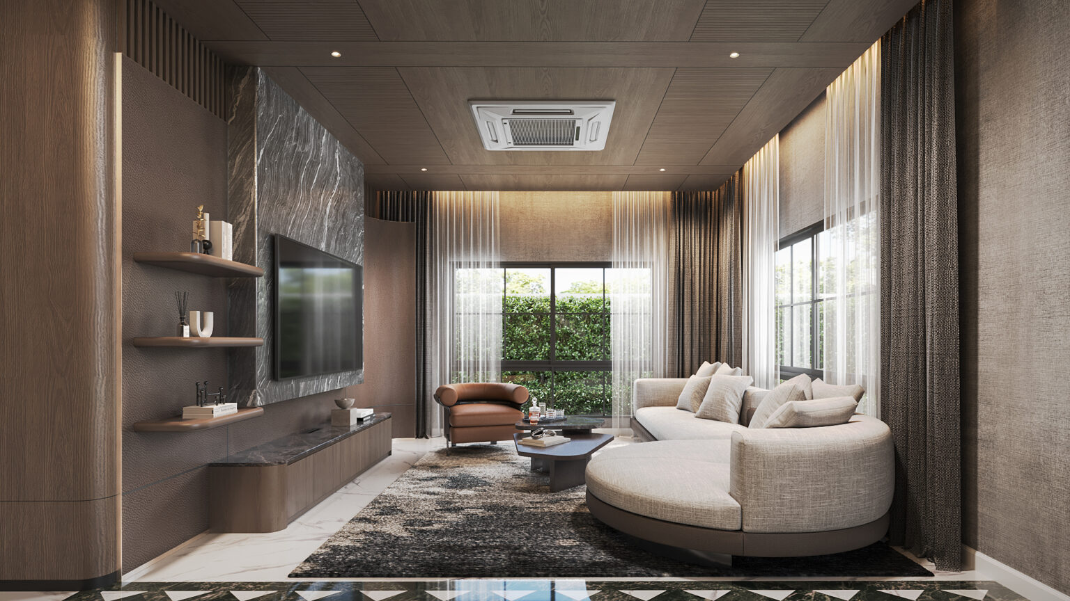 ห้องนั่งเล่นครอบครัวที่ Setthasiri Donmuang บ้านส่วนตัวทางเหนือของกรุงเทพฯ ออกแบบโดย Gratitude Design