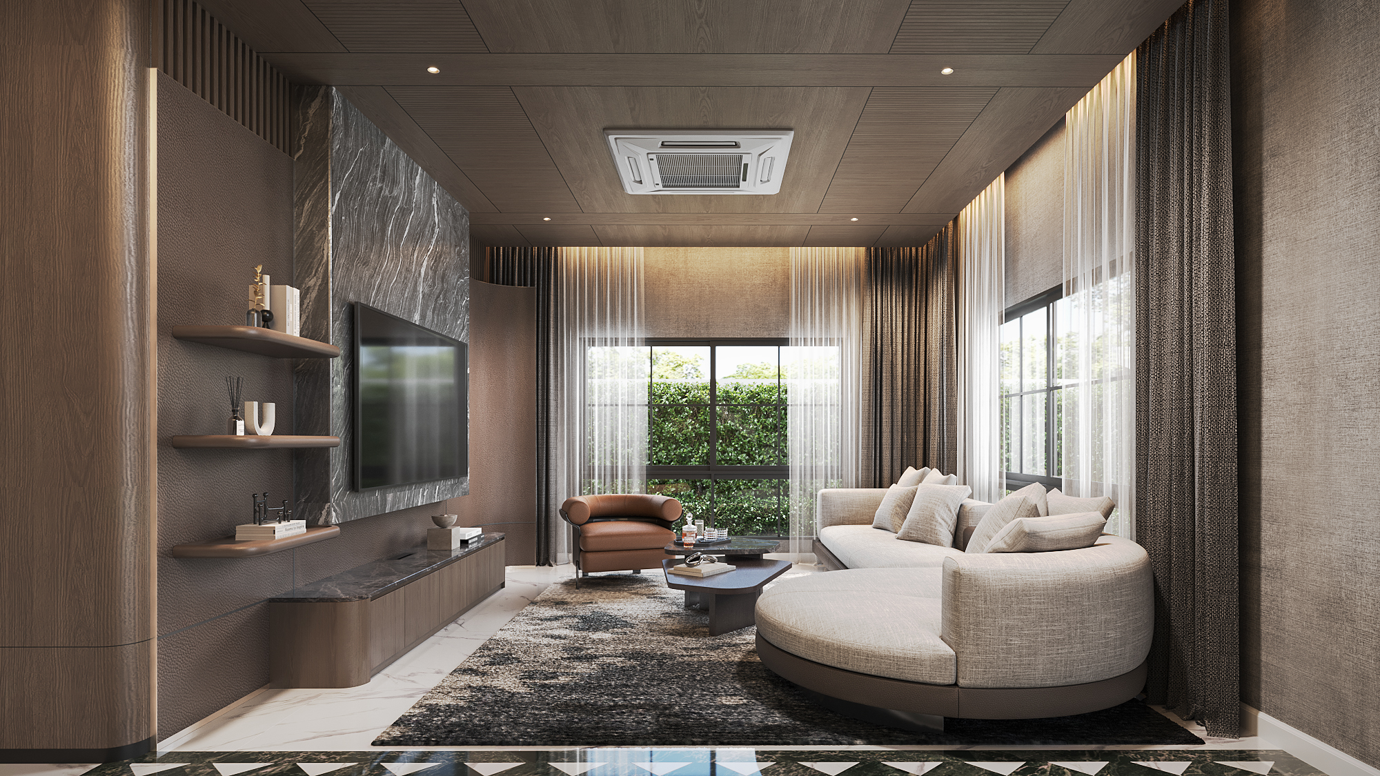 Setthasiri Donmuang family room — curved linen sofa, tan leather armchair, veined black stone media wall and timber-panelled ceiling, interior design by Gratitude Design