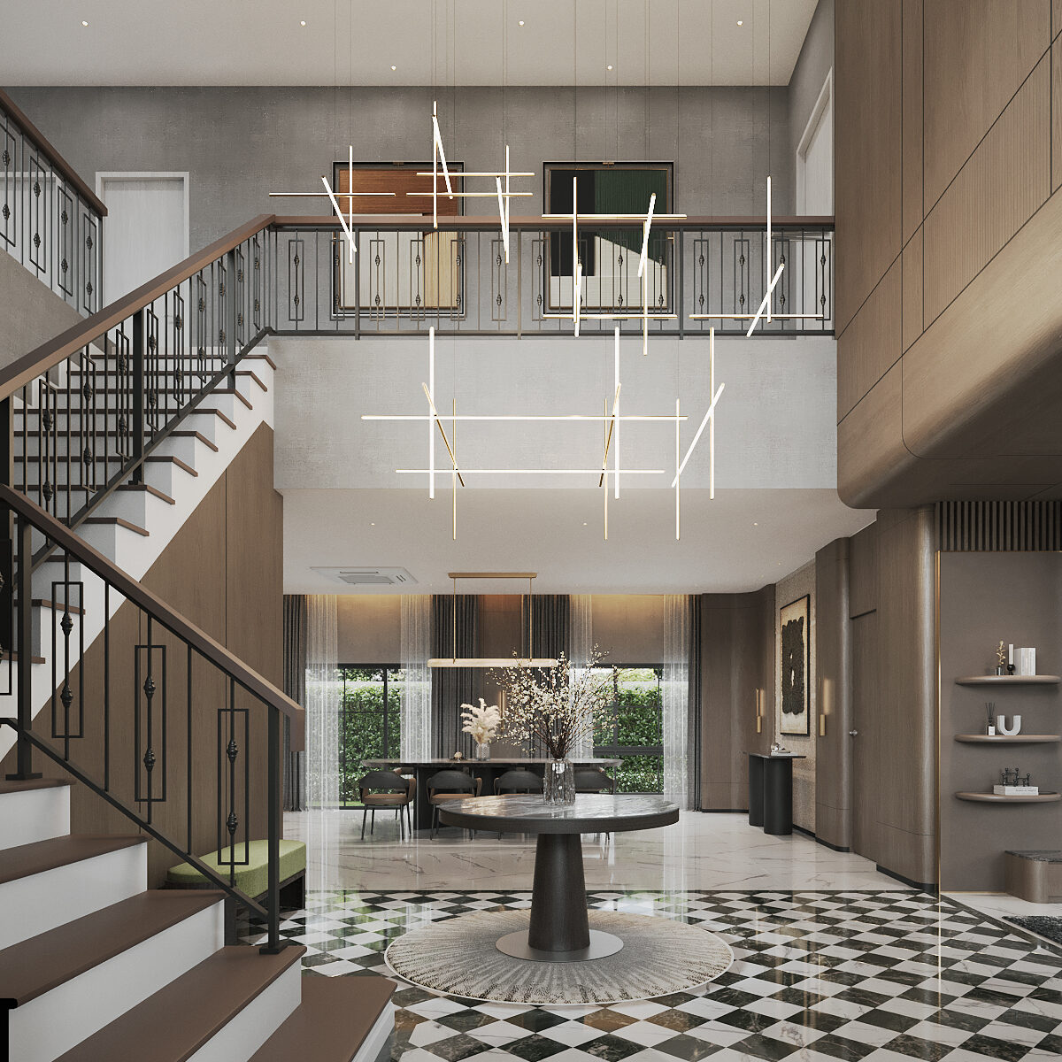 Setthasiri Donmuang double-height foyer — chequerboard marble floor, round pedestal table, black iron balustrade and a suspended constellation of linear lights, interior design by Gratitude Design