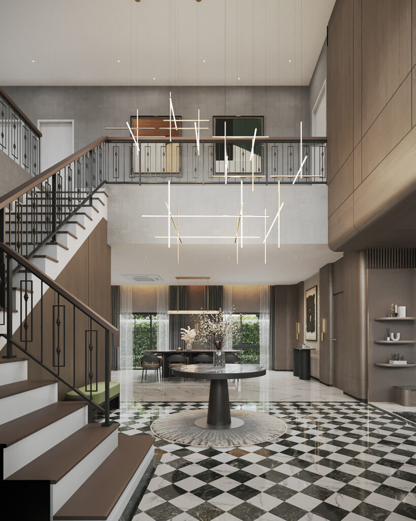 Setthasiri Donmuang double-height foyer — chequerboard marble floor, round pedestal table, black iron balustrade and a suspended constellation of linear lights, interior design by Gratitude Design