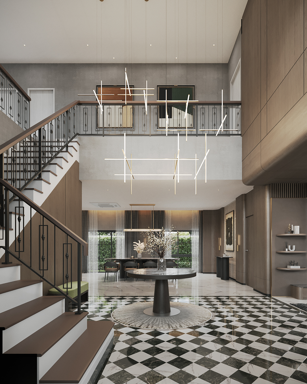 Double-height foyer with chequerboard marble floor and suspended linear pendants at Setthasiri Donmuang, interior design by Gratitude Design
