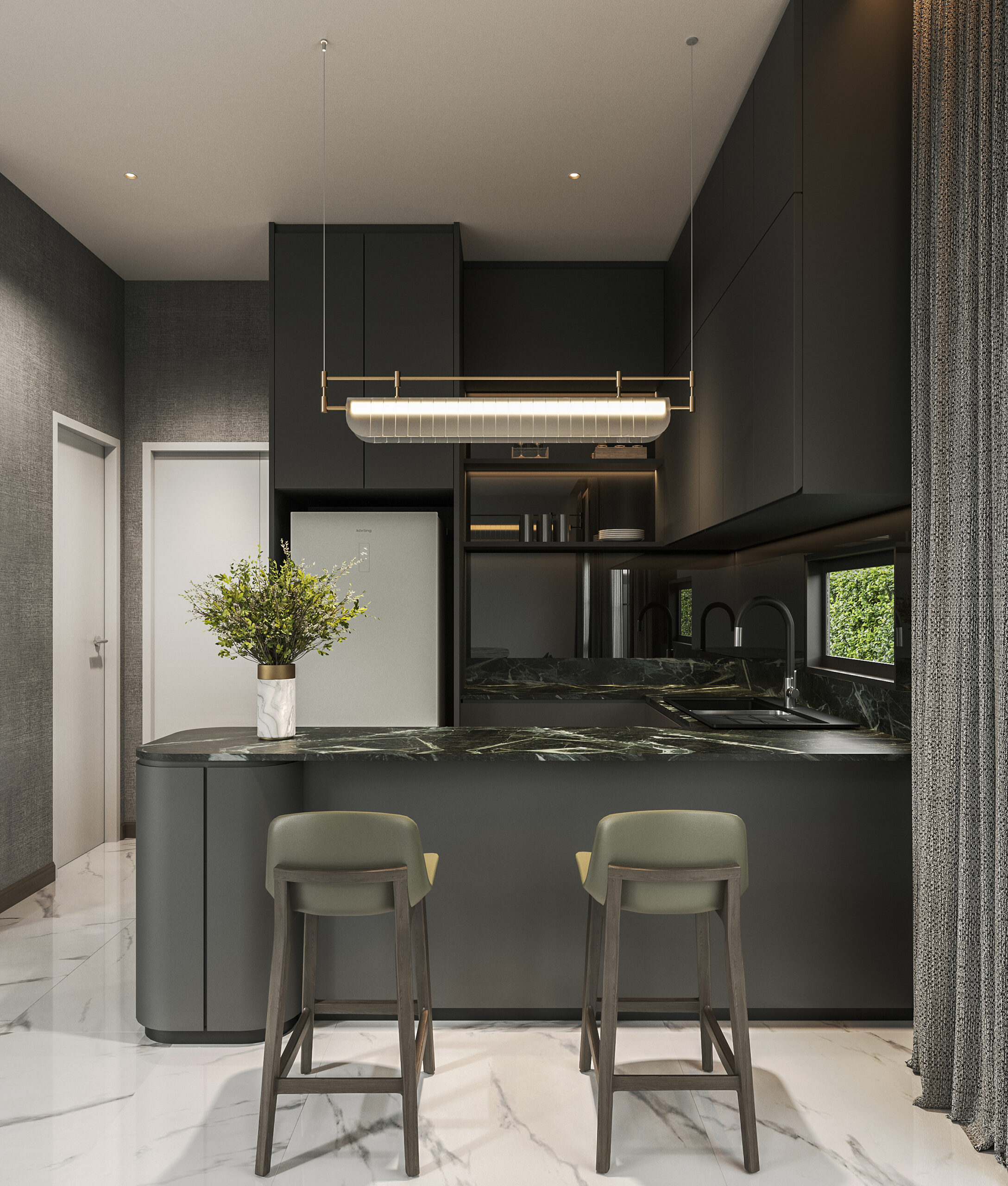 Setthasiri Donmuang kitchen bar viewed straight on, brass-framed glass pendant over the green marble counter, interior design by Gratitude Design