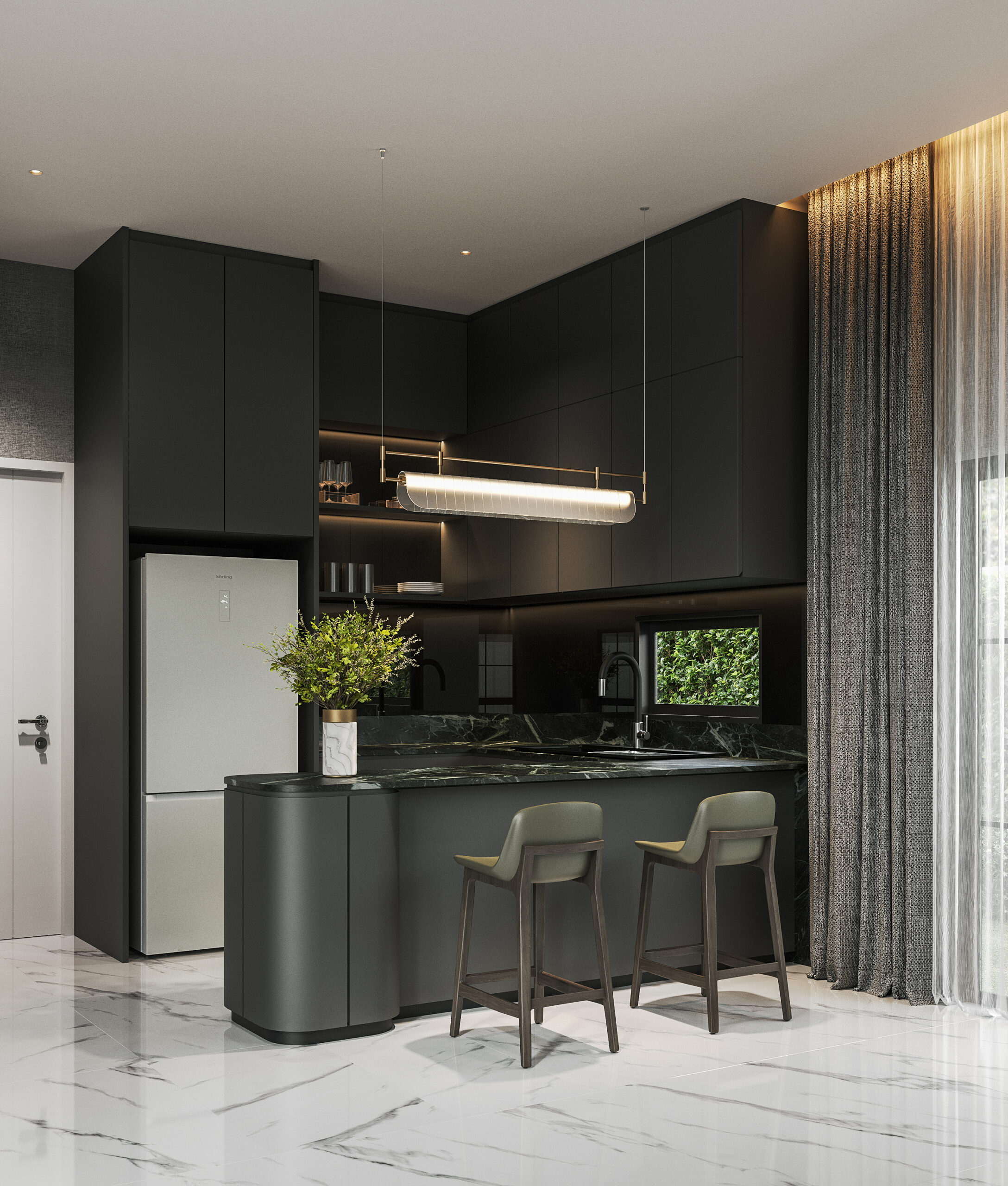 Setthasiri Donmuang kitchen — charcoal matte cabinetry, green marble worktop, curved bar with olive leather stools and a brass linear pendant, interior design by Gratitude Design