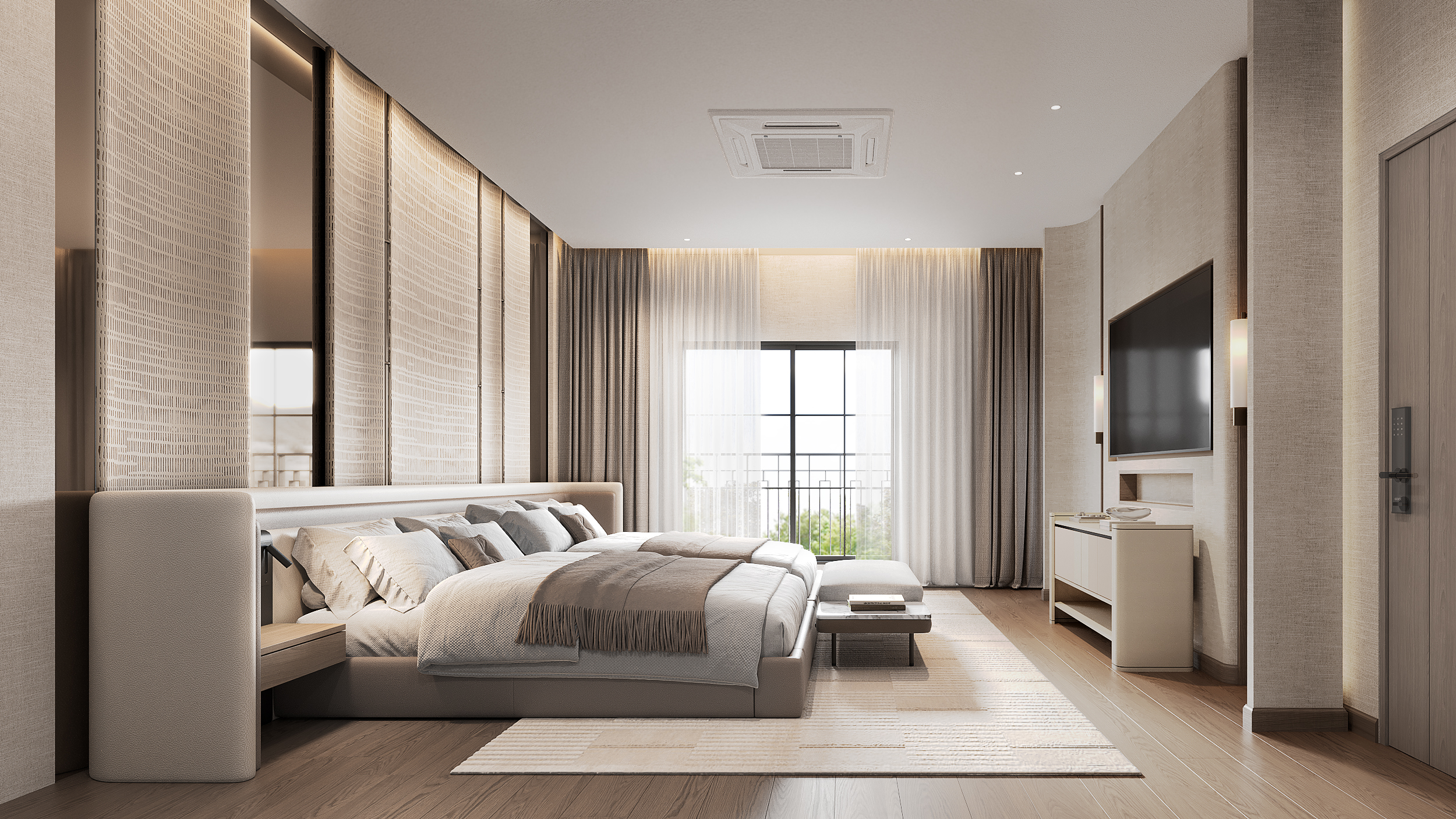 Master bedroom with built-in bedside, backlit woven wall panels and linen-wrapped television wall, interior design by Gratitude Design