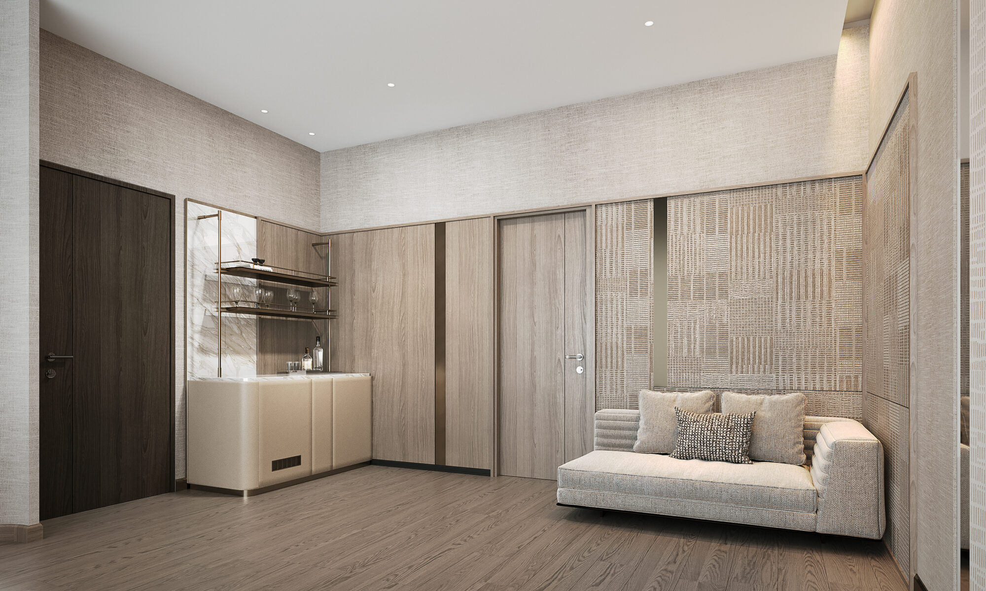 Setthasiri Donmuang master suite lounge — upholstered bar counter with marble top and brass shelves, ribbed daybed against a woven textile wall, interior design by Gratitude Design
