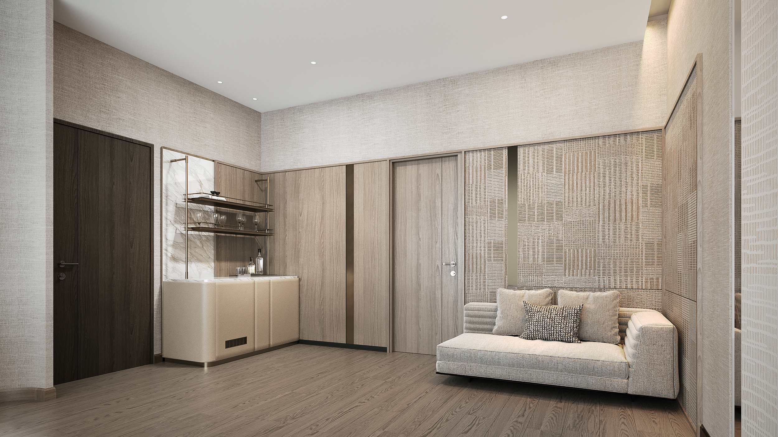Setthasiri Donmuang master suite lounge — upholstered bar counter with marble top and brass shelves, ribbed daybed against a woven textile wall, interior design by Gratitude Design