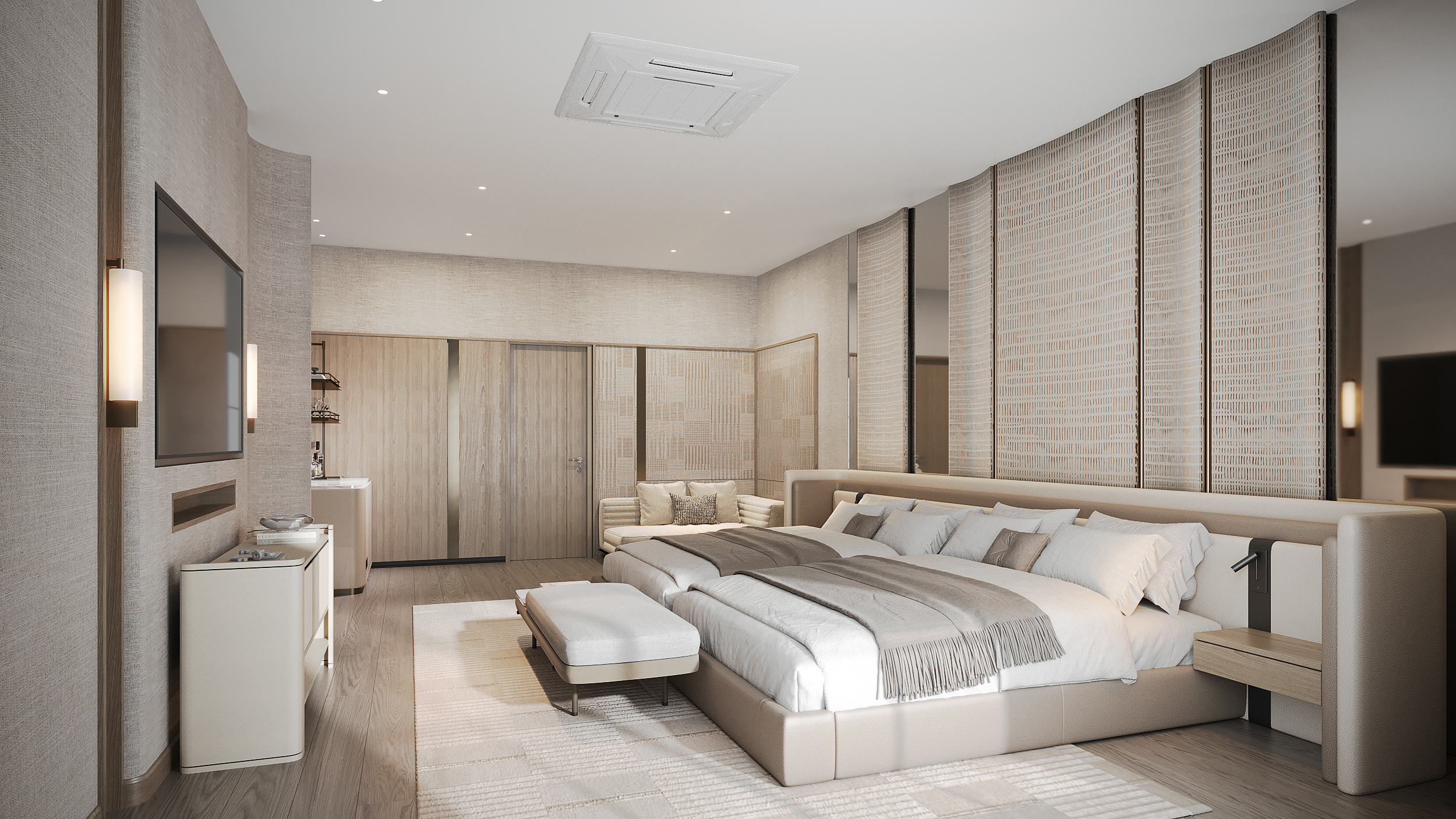 Setthasiri Donmuang master suite looking towards the private lounge and bar, curved woven headboard wall and lime-washed oak floor, interior design by Gratitude Design