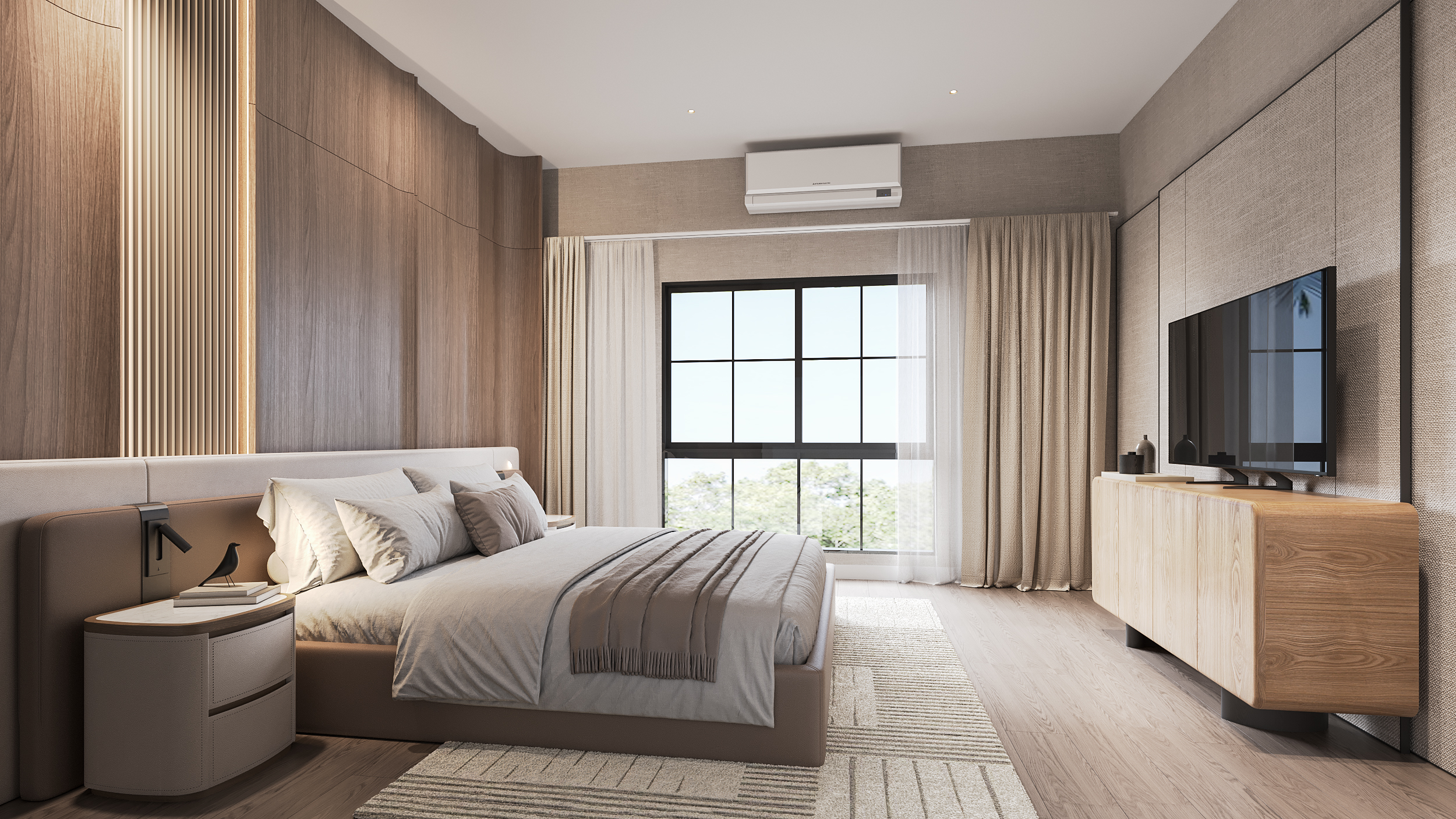 Setthasiri Donmuang second bedroom — walnut wall with slatted lighting detail, beige upholstered headboard, pale oak media console, interior design by Gratitude Design