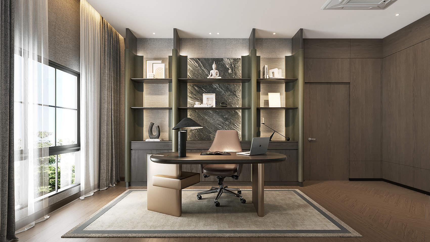 Setthasiri Donmuang study — oval walnut desk with bronze leather base, backlit shelving in olive green and stone, sheer and linen curtains, interior design by Gratitude Design