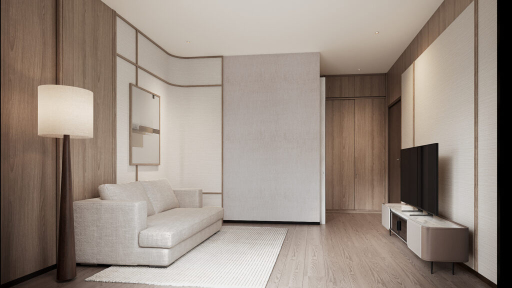 Setthasiri Donmuang upstairs lounge seen from the sofa — cream panelled walls with oak trims, tall floor lamp, wardrobe wall and low media console, interior design by Gratitude Design