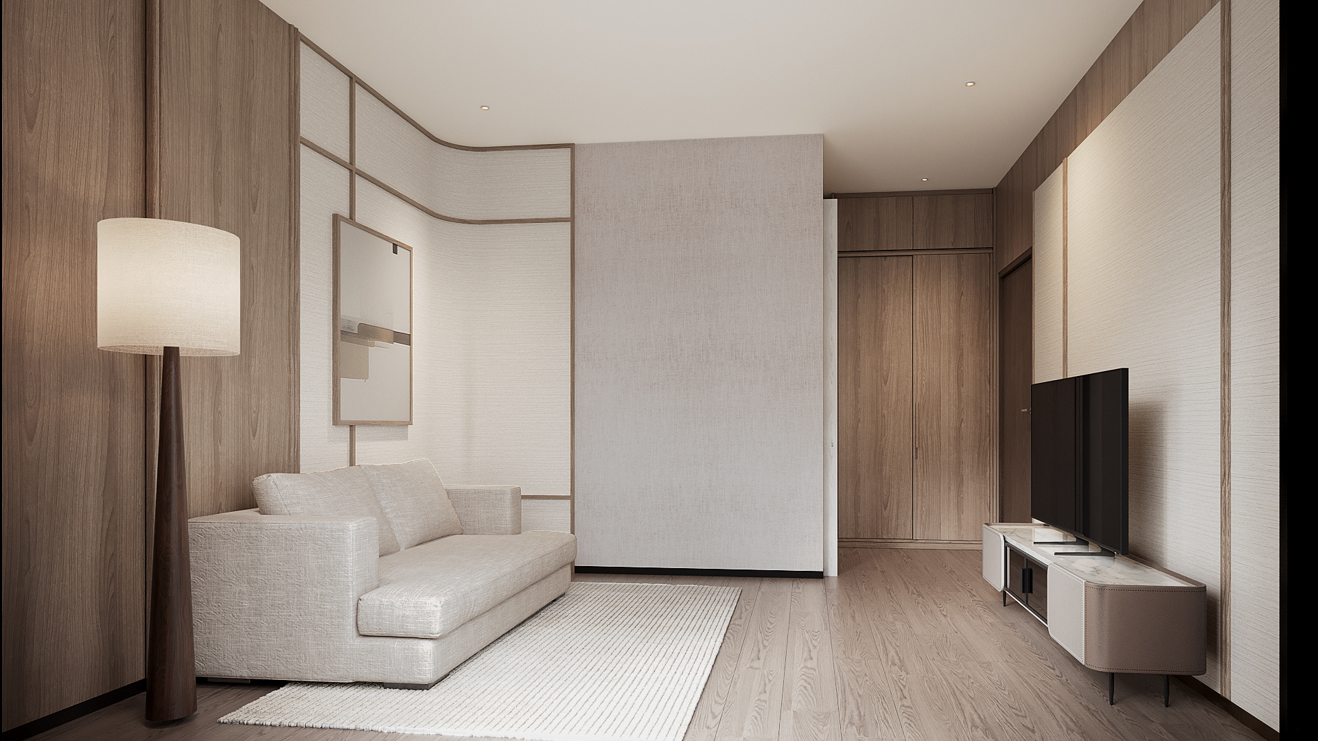 Setthasiri Donmuang upstairs lounge seen from the sofa — cream panelled walls with oak trims, tall floor lamp, wardrobe wall and low media console, interior design by Gratitude Design