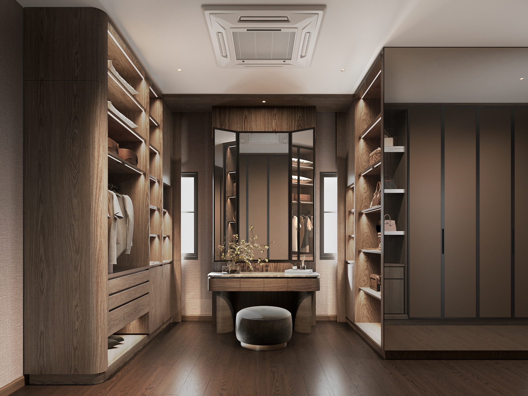Setthasiri Donmuang walk-in closet with open oak shelving, integrated lighting and bronze-lacquered wardrobe doors, interior design by Gratitude Design