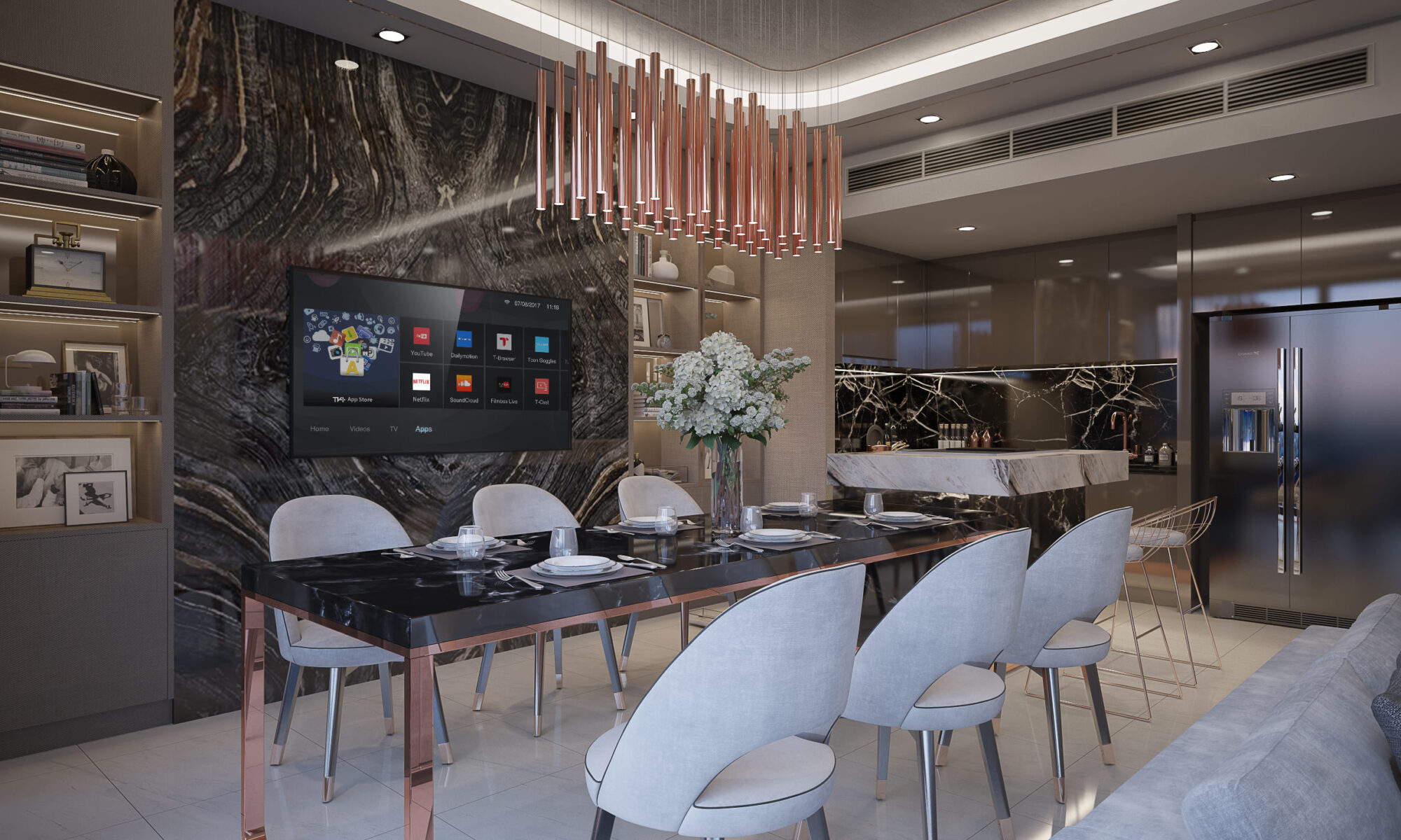 Living, dining and kitchen in one volume with dark book-matched marble at The Bangkok Sathorn by Gratitude Design