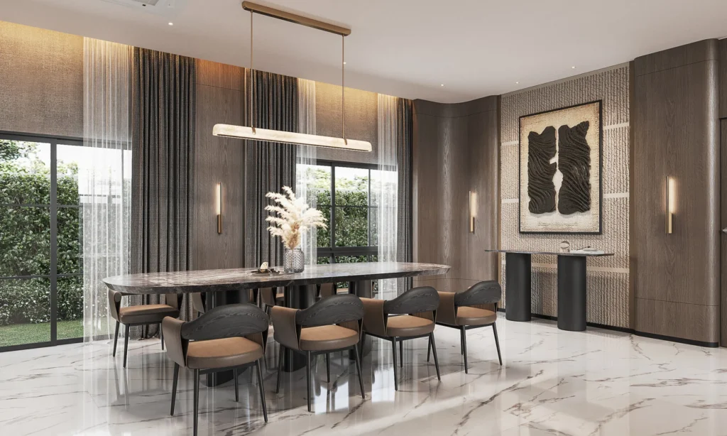 Oval stone dining table, dark timber chairs and a linear alabaster pendant beside a textured feature wall at Setthasiri Donmuang