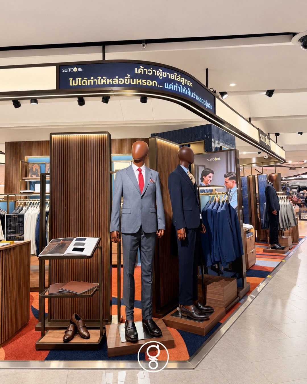 Shopfront with two standing mannequins in grey and navy suits, a style book on a brass stand, fluted walnut column and the curved LED message band above