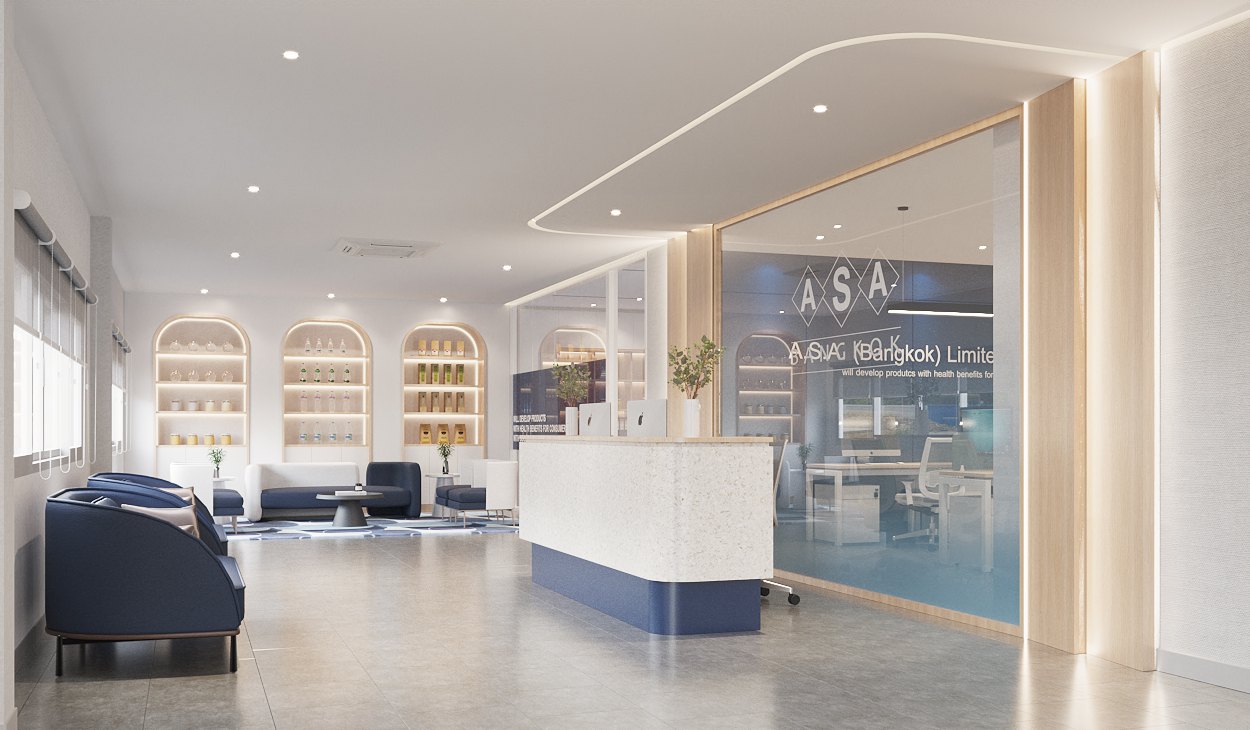 ASA Bangkok Office interior design — curved white terrazzo reception counter on a deep-blue base under a sweeping ceiling line, with glazed office behind