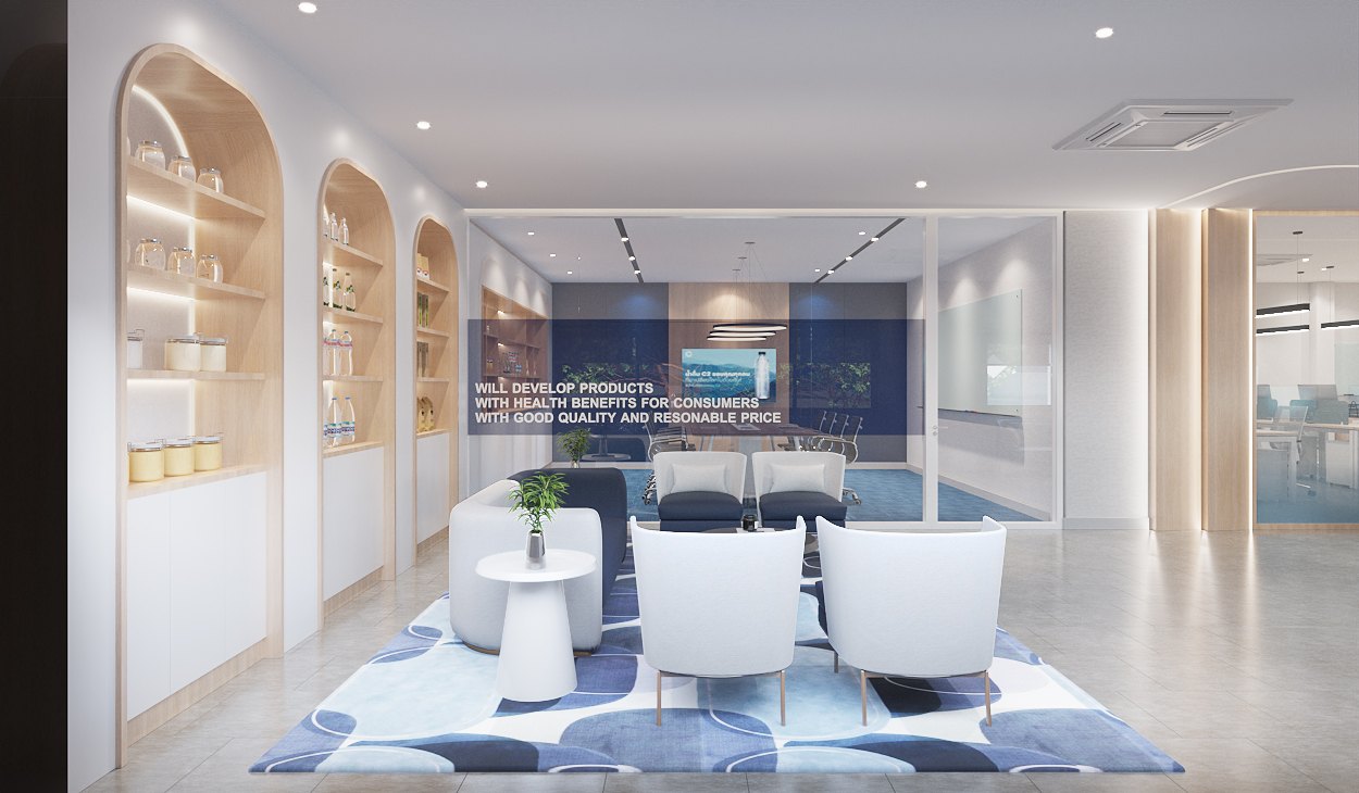 ASA Bangkok Office — lounge with three arched timber niches displaying the company’s products, white and navy seating on a patterned blue rug