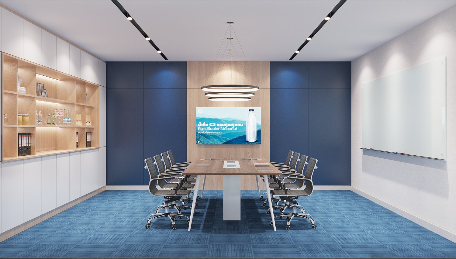 ASA Bangkok Office — meeting room with deep-blue wall panels around a timber centre panel, ring pendant and blue carpet tiles