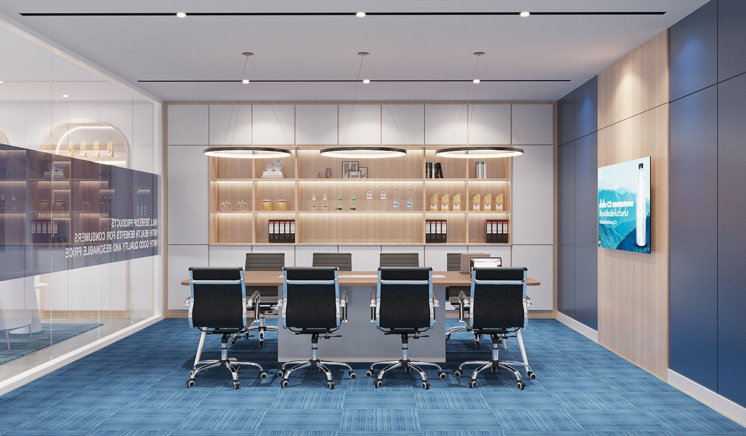 ASA Bangkok Office — meeting room with lit timber shelving displaying products, three ring pendants and a glass wall to the lounge