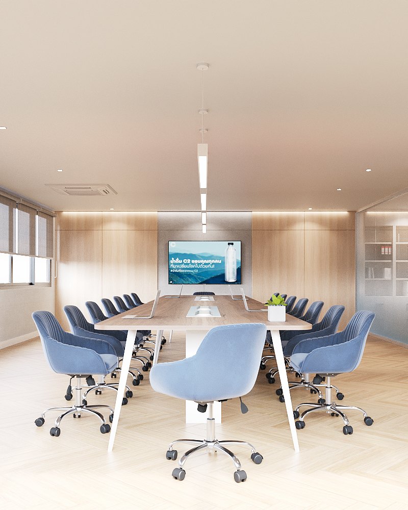 ASA Bangkok Office — boardroom with a long timber table, blue upholstered chairs, timber wall panels and herringbone floor