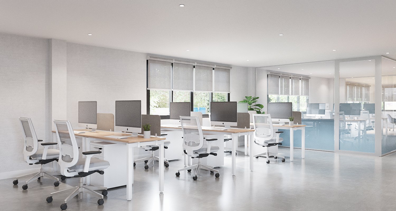 ASA Bangkok Office — open workstations with timber-topped desks and white chairs beside a glazed partition with blue frosting