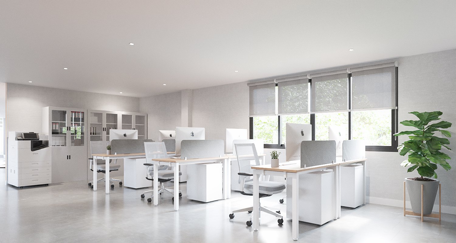 ASA Bangkok Office — work area with white desks, screened partitions, filing cabinets and full-width windows