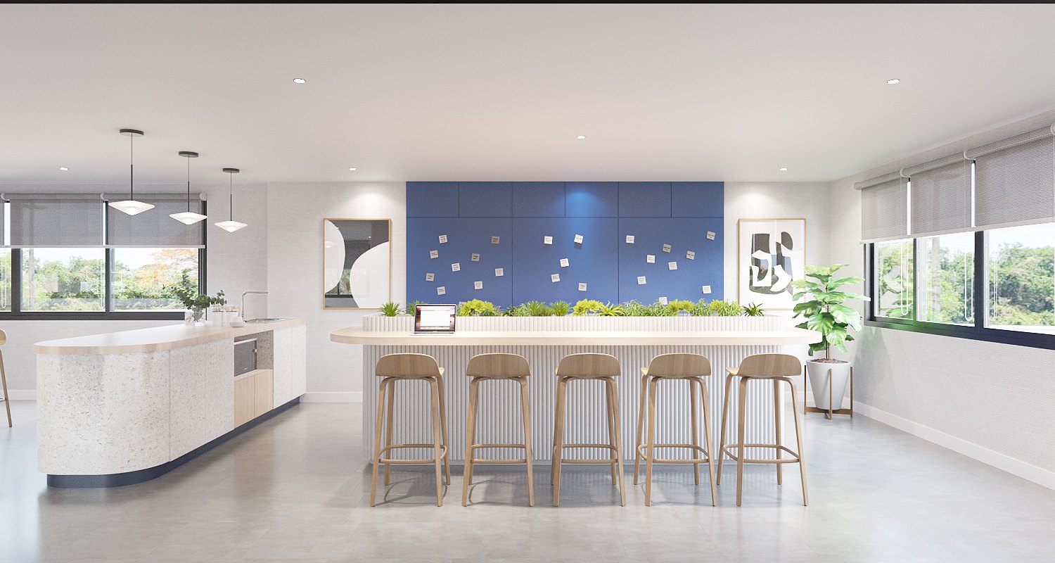 ASA Bangkok Office — pantry with a terrazzo island, a fluted white bar with built-in planter and a blue pin-up wall