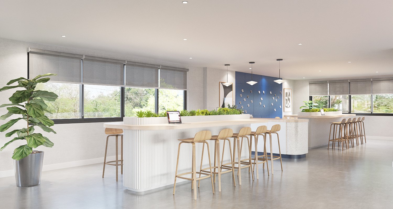 ASA Bangkok Office — pantry bars with timber stools, planted tops and window views across the floor