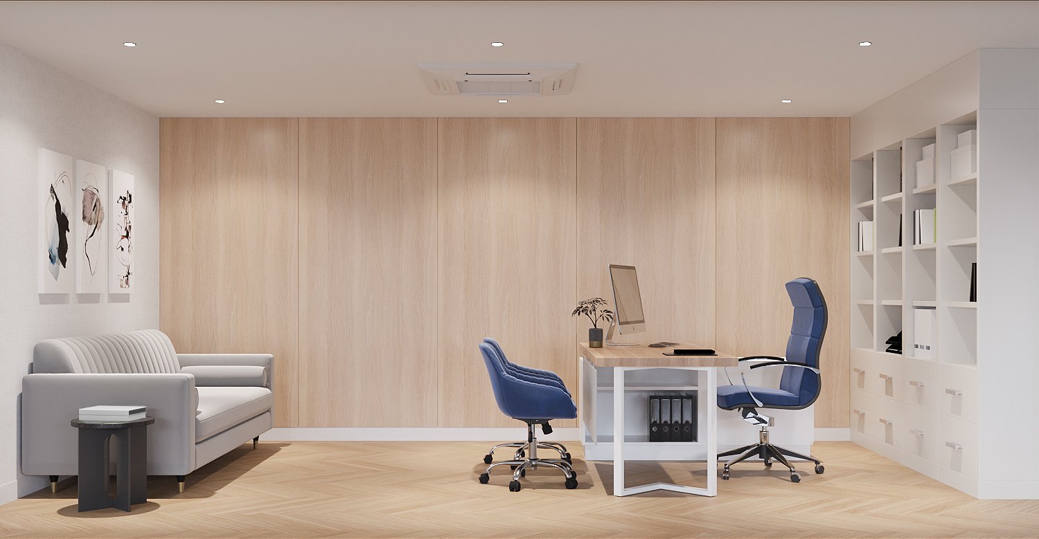 ASA Bangkok Office — executive room with a full timber wall, white shelving, blue chairs and a lounge sofa