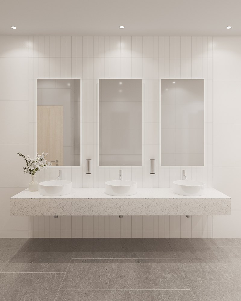 ASA Bangkok Office — restroom with a floating terrazzo vanity, three basins and backlit mirrors on white tiles