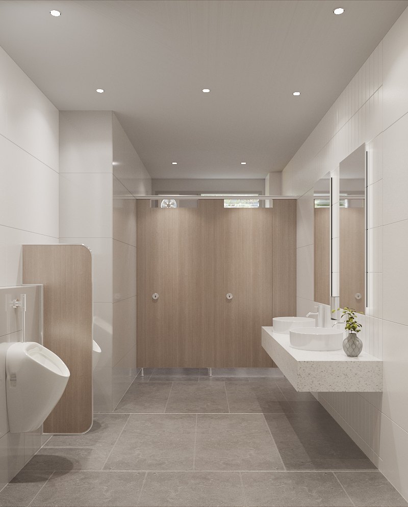 ASA Bangkok Office — restroom with timber-finish cubicles, white wall tiles and grey stone-look floor