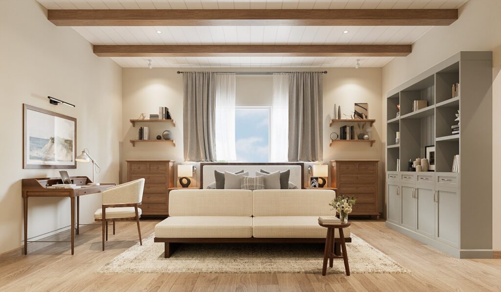 Baan Petchkasem private residence interior design in Bangkok, bedroom with exposed timber ceiling beams, a cream sofa and timber furniture