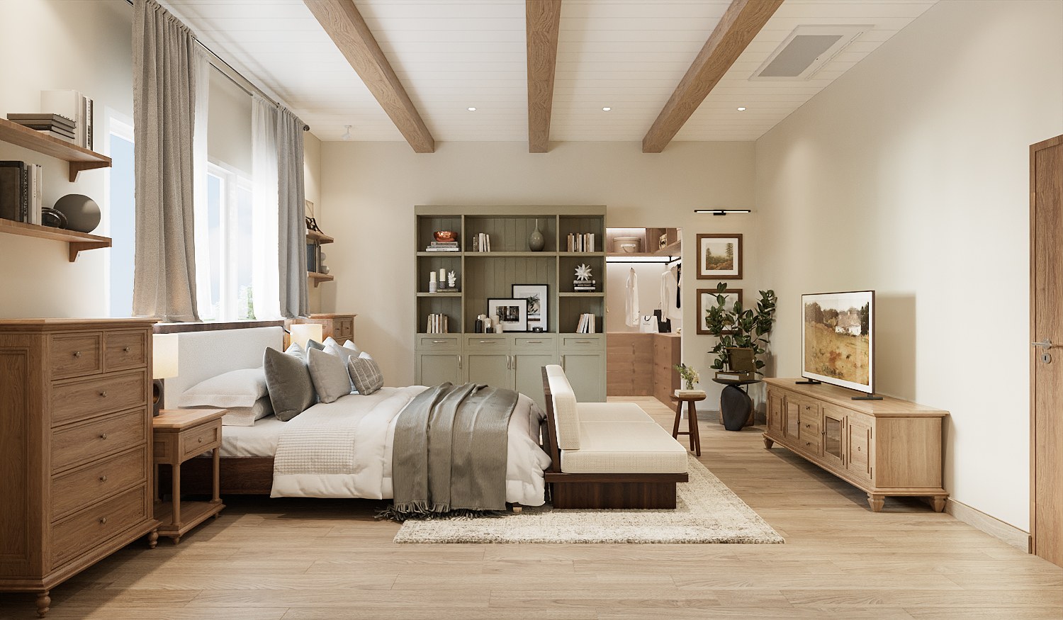 Baan Petchkasem bedroom seen from the side — timber ceiling beams, an upholstered bed with a grey throw, a sage bookcase, a timber media unit and the walk-in wardrobe beyond