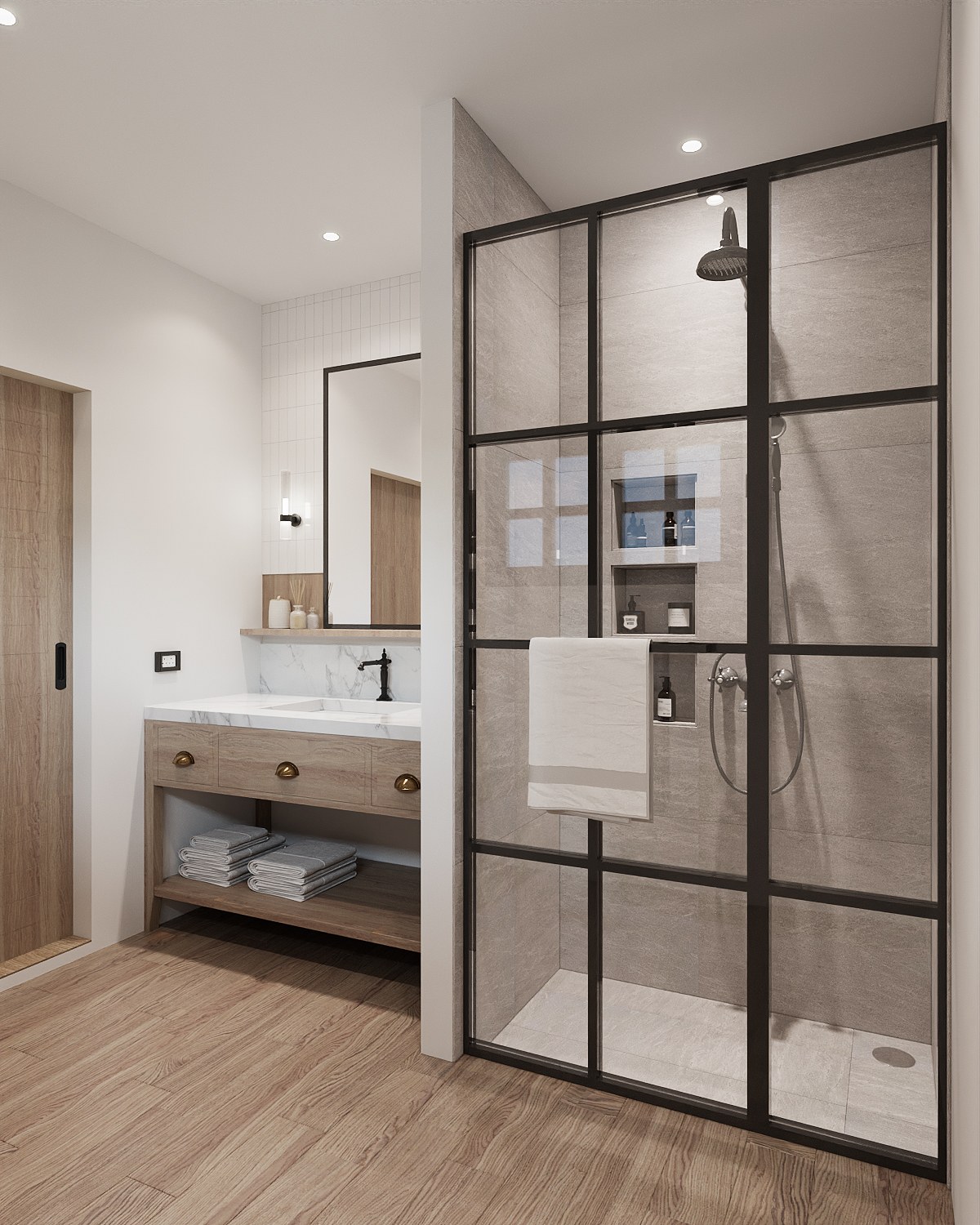 Baan Petchkasem bathroom — a black steel-framed glass shower screen with grey stone tiles, beside an oak vanity with a marble top