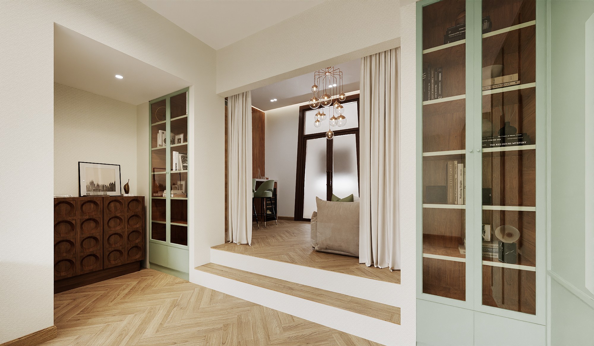 Baan Petchkasem — a raised lounge with cream curtains and a globe pendant cluster, seen from the bedroom between mint green glazed bookcases