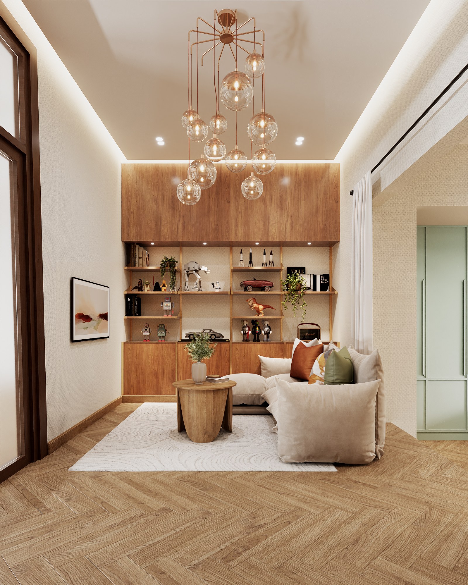 Baan Petchkasem private lounge — timber display shelving for a collection of models and books, a cream modular sofa, a round timber table and a cluster of glass globe pendants