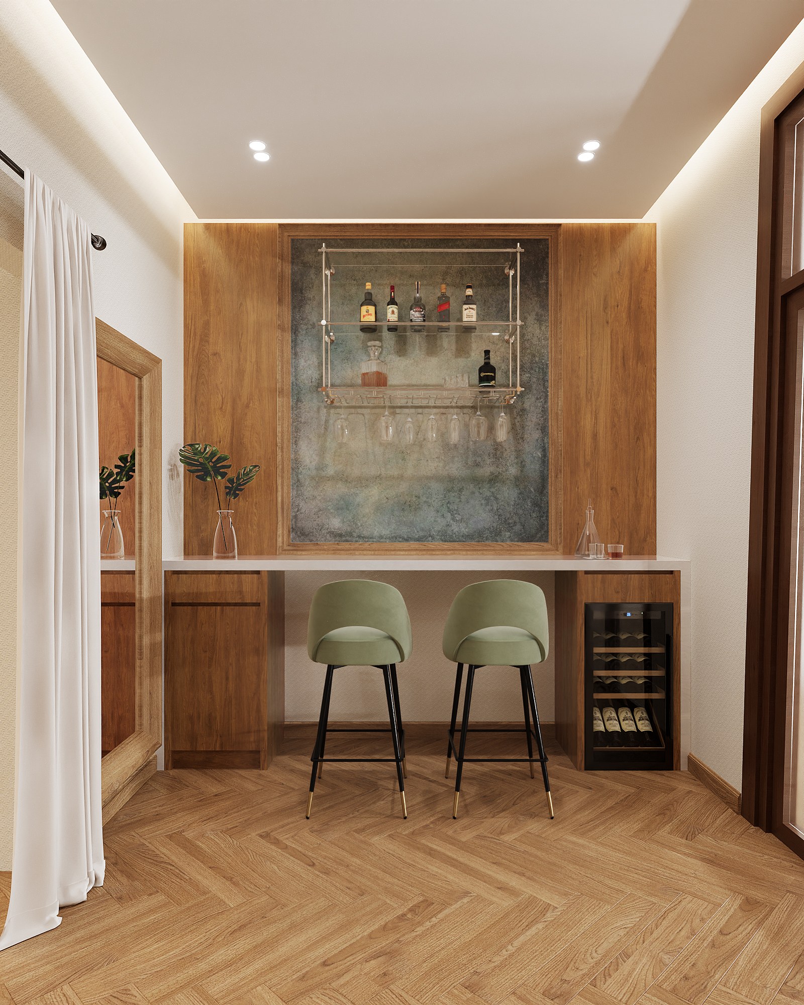 Baan Petchkasem private lounge bar — a timber-panelled counter with two sage green stools, a glass bottle shelf on a textured panel and a wine cooler