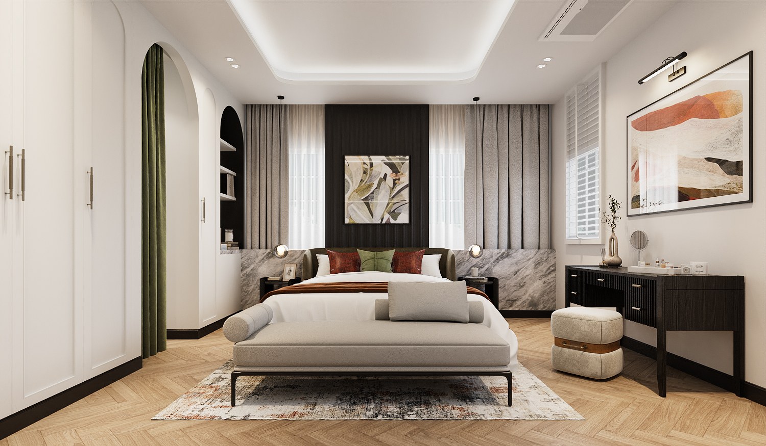 Baan Petchkasem bedroom — a bed against a black panelled wall with artwork, grey marble side panels, white arched wardrobes and a herringbone timber floor