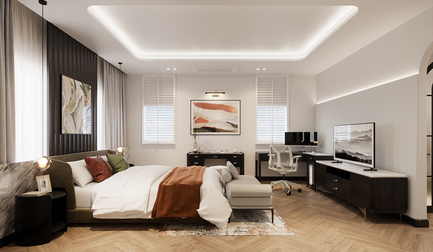 Baan Petchkasem bedroom seen from the side — an olive upholstered bed with a rust throw, a cove-lit ceiling, black desk and media unit, and white shuttered windows