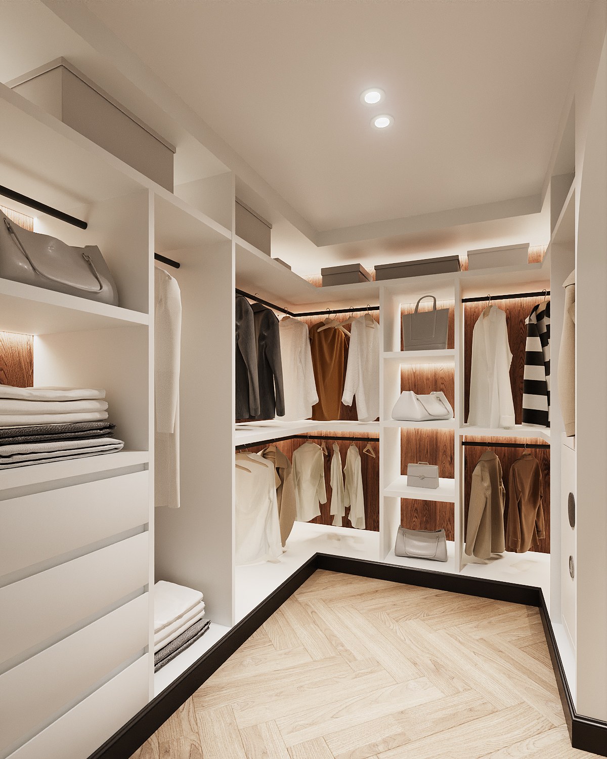 Baan Petchkasem walk-in wardrobe — white open shelving and hanging rails with lit timber back panels and a herringbone timber floor