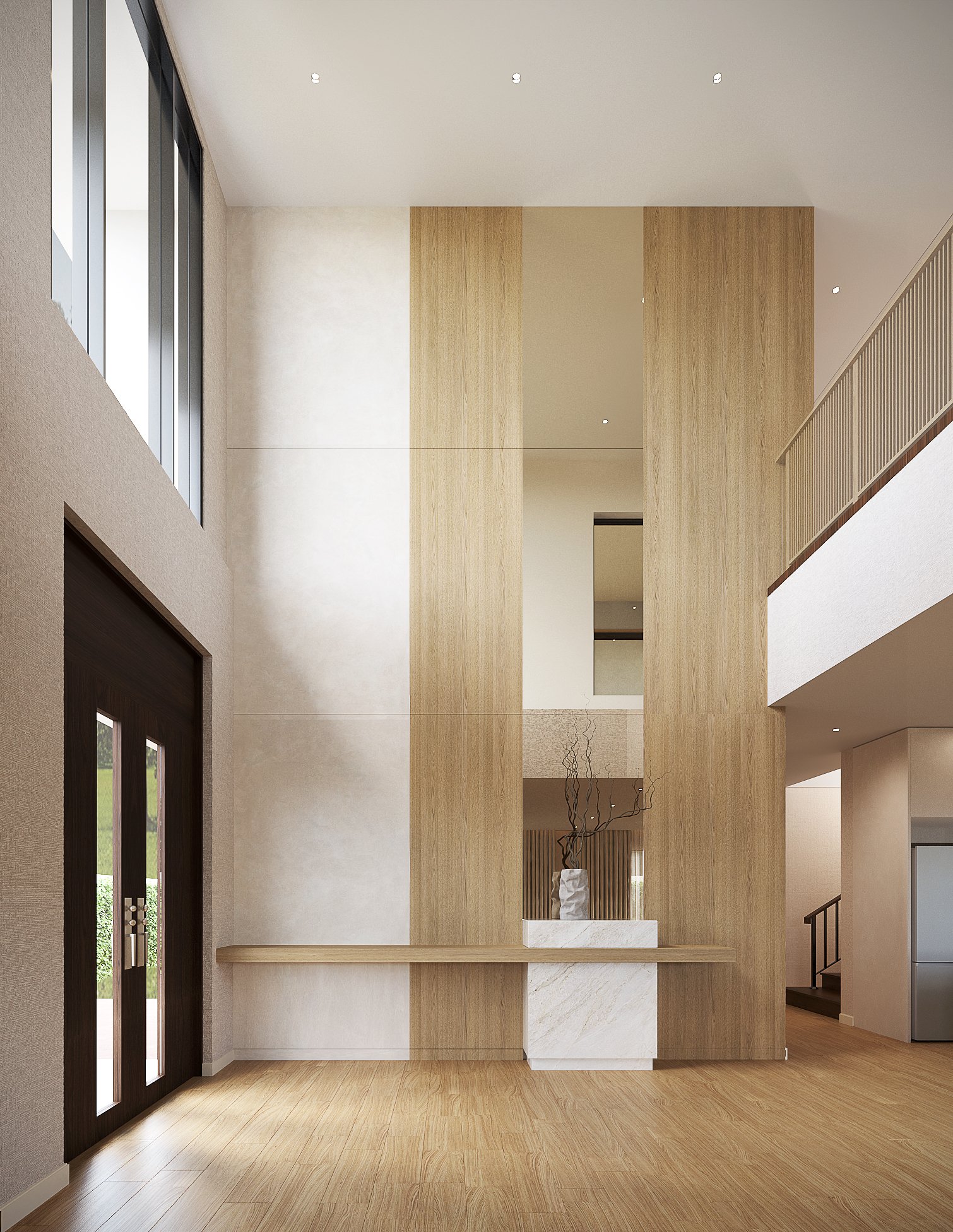 Bangkok Boulevard private residence interior design — double-height foyer with full-height timber panels, a vertical mirrored inset and a slender oak console on a pale stone plinth
