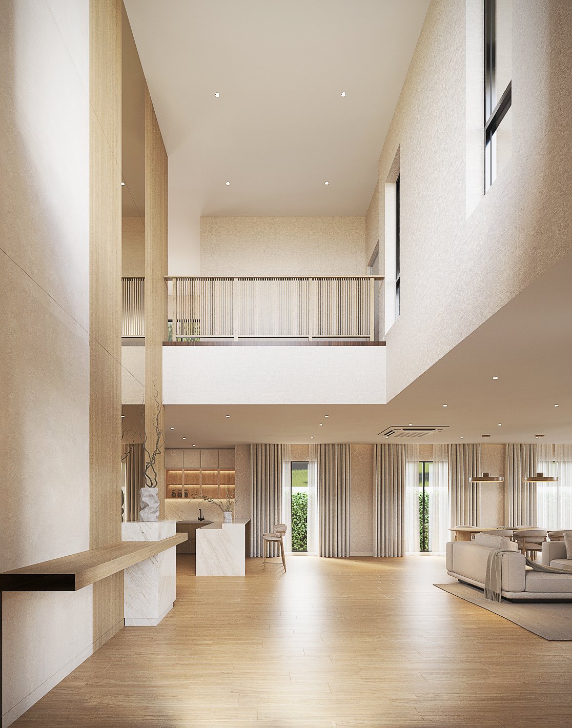 Bangkok Boulevard interior design — double-height hall looking toward the pantry and living room, with a timber-slatted gallery balustrade above