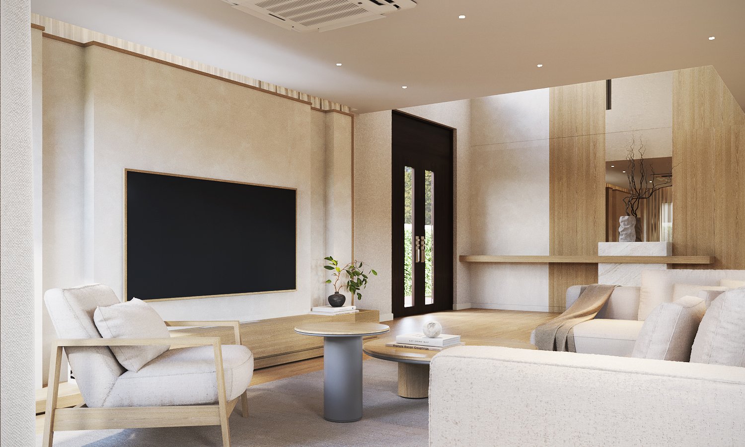 Bangkok Boulevard interior design — living room with a textured television wall, oak-framed armchair and low round tables, the foyer beyond