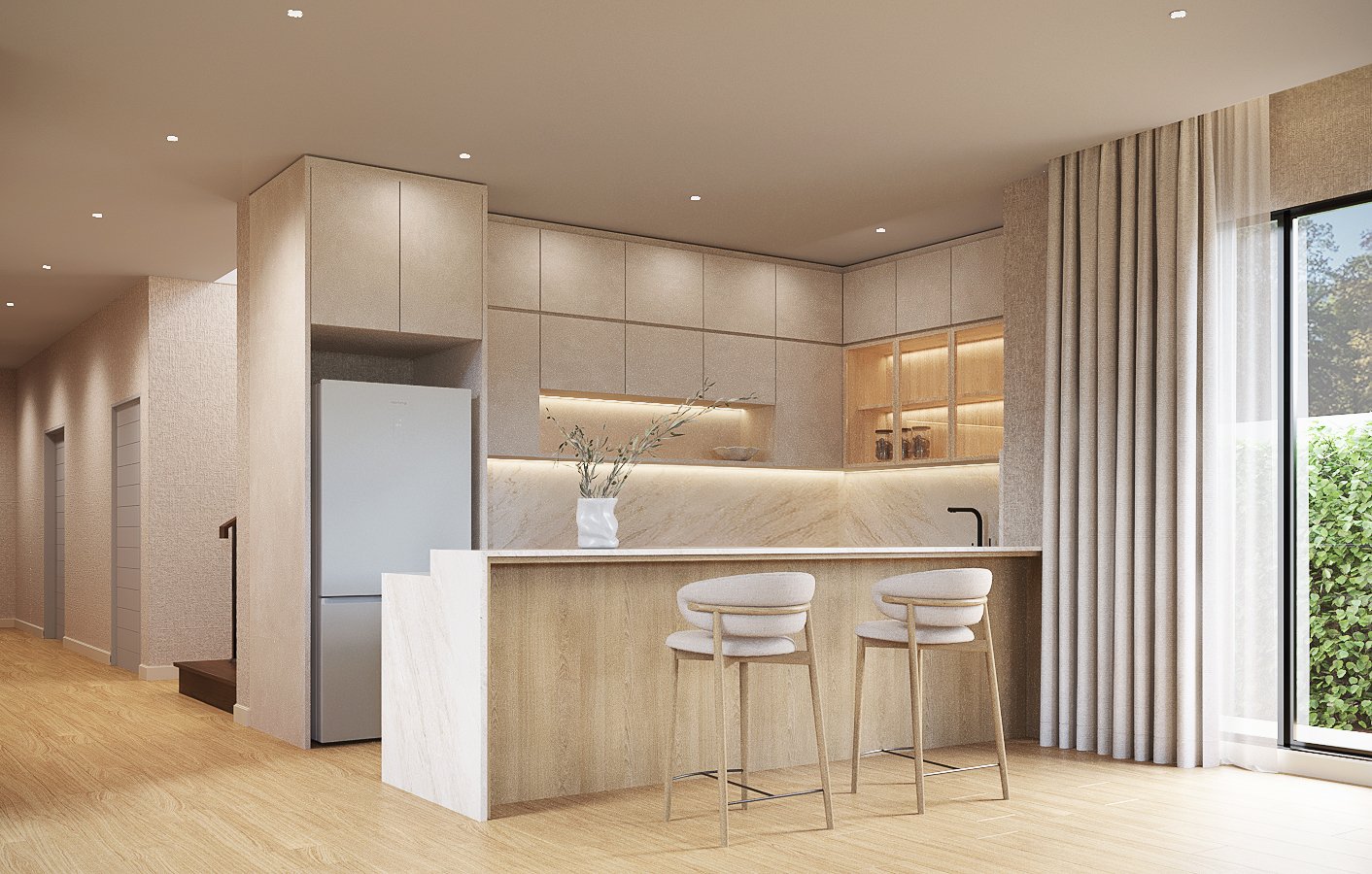 Bangkok Boulevard interior design — pantry with an oak island, pale stone surfaces, upholstered stools and softly lit glass-front shelving