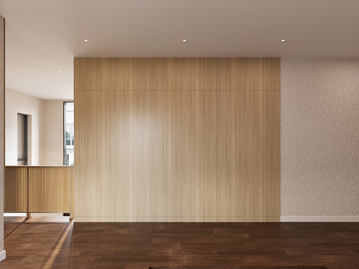 Bangkok Boulevard interior design — upper hall with a full-height timber panel wall, textured wallcovering and dark timber flooring beside the slatted balustrade